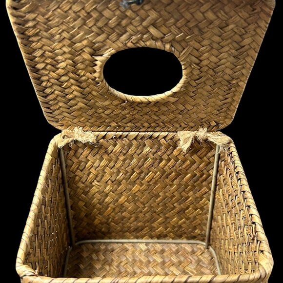 Vintage Natural Woven Wicker Rattan Hinged CoverTissue Box Holder Square BOHO - Picture 7 of 11